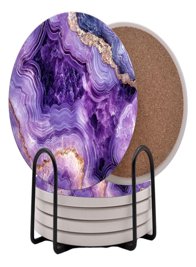 DAJDC Purple Agate Marble Round Coasters Set of 6 - Abosrbent Ceramic Coasters with Metal Stand for Drinks, Coffee, Non-Slip Cork Back for Tabletop Protection, 4 Inches Marbled Pattern (Amethyst) - Image 1
